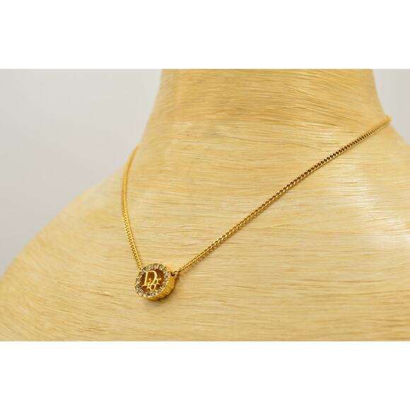 Christian Dior Vintage Logo Pendant Necklace Pave Crystal Gold Signed 80s Bin4